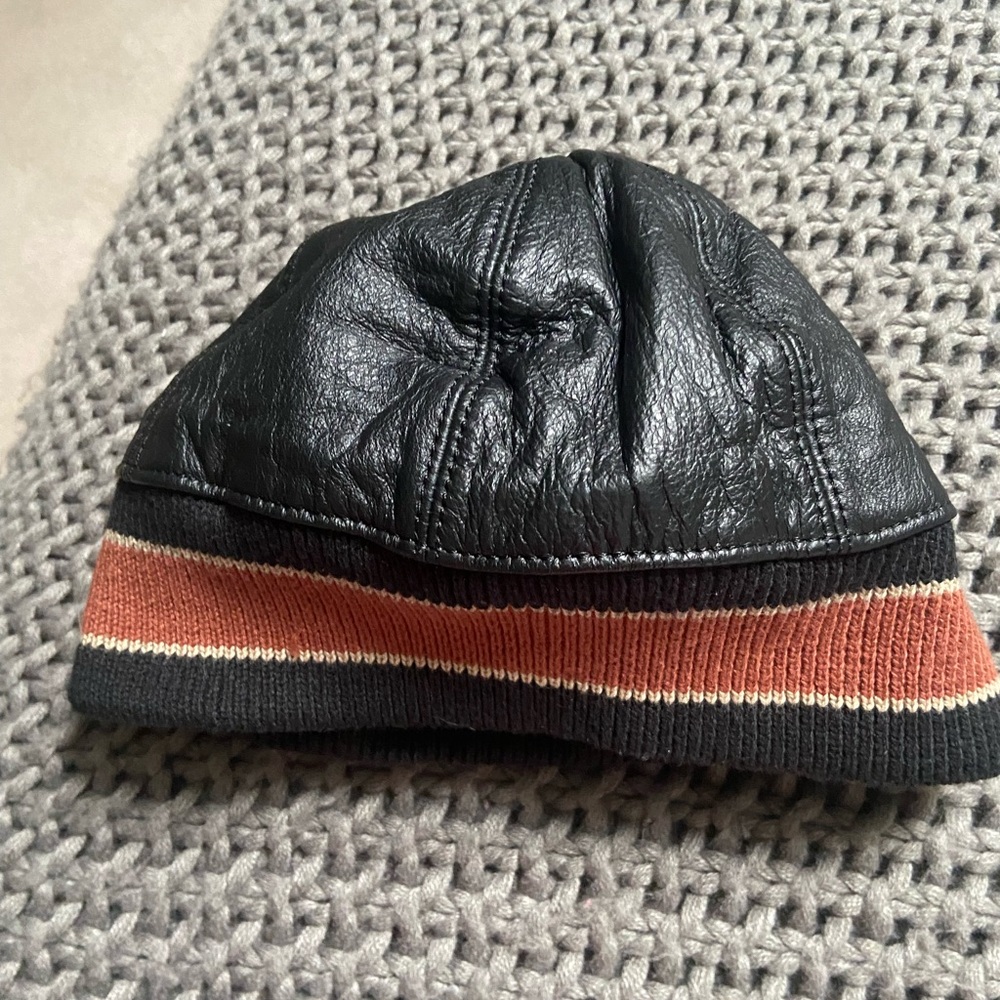 Black Leather skull cap with Striped Edge
